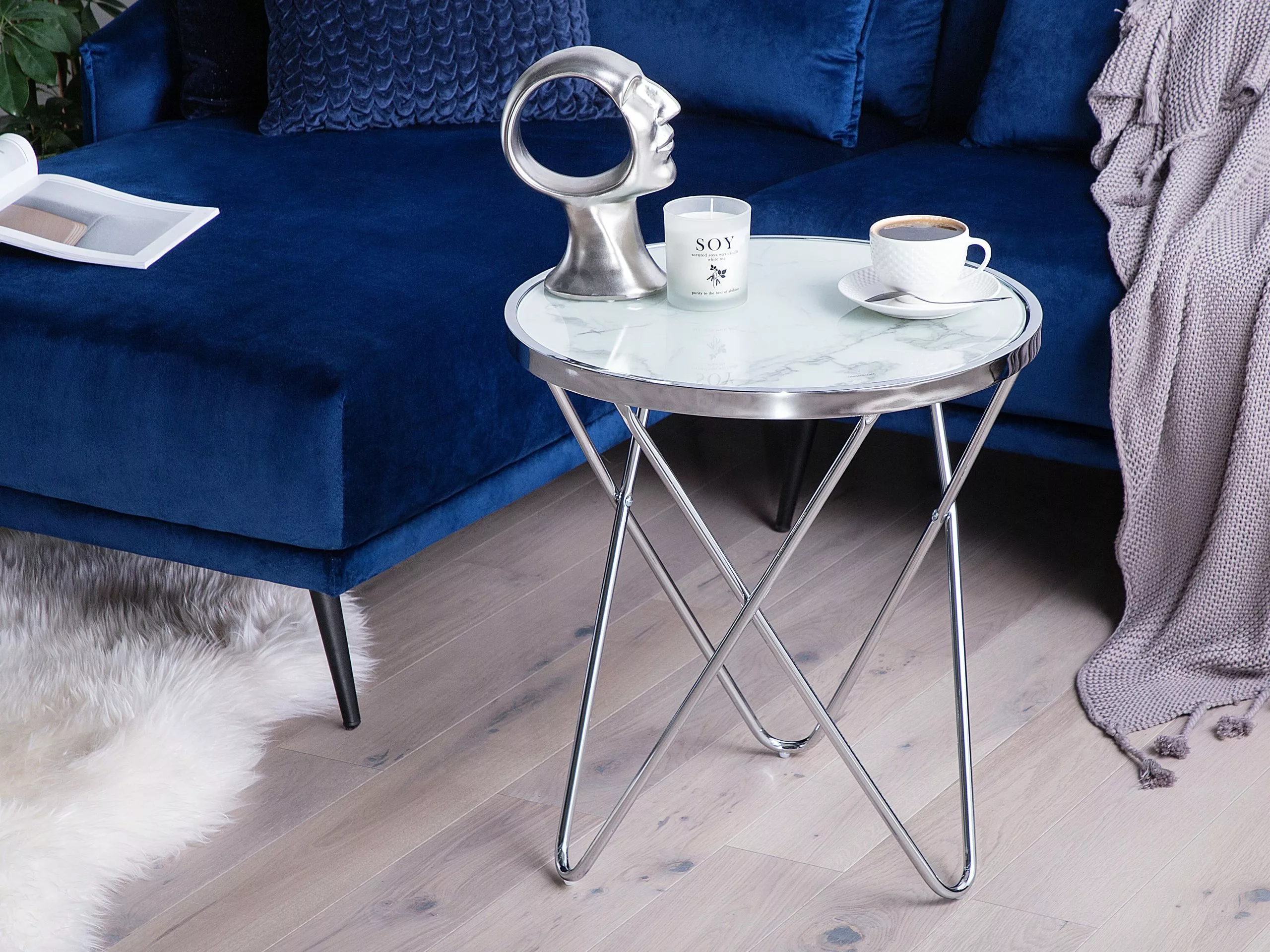 Beliani Sivupöytä Metalli Marmorikuvio Valkoinen/hopea MERIDIAN II - Image 2