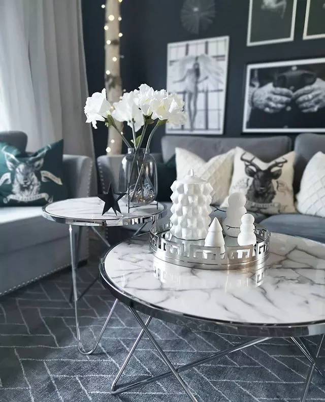 Beliani Sivupöytä Metalli Marmorikuvio Valkoinen/hopea MERIDIAN II - Image 3