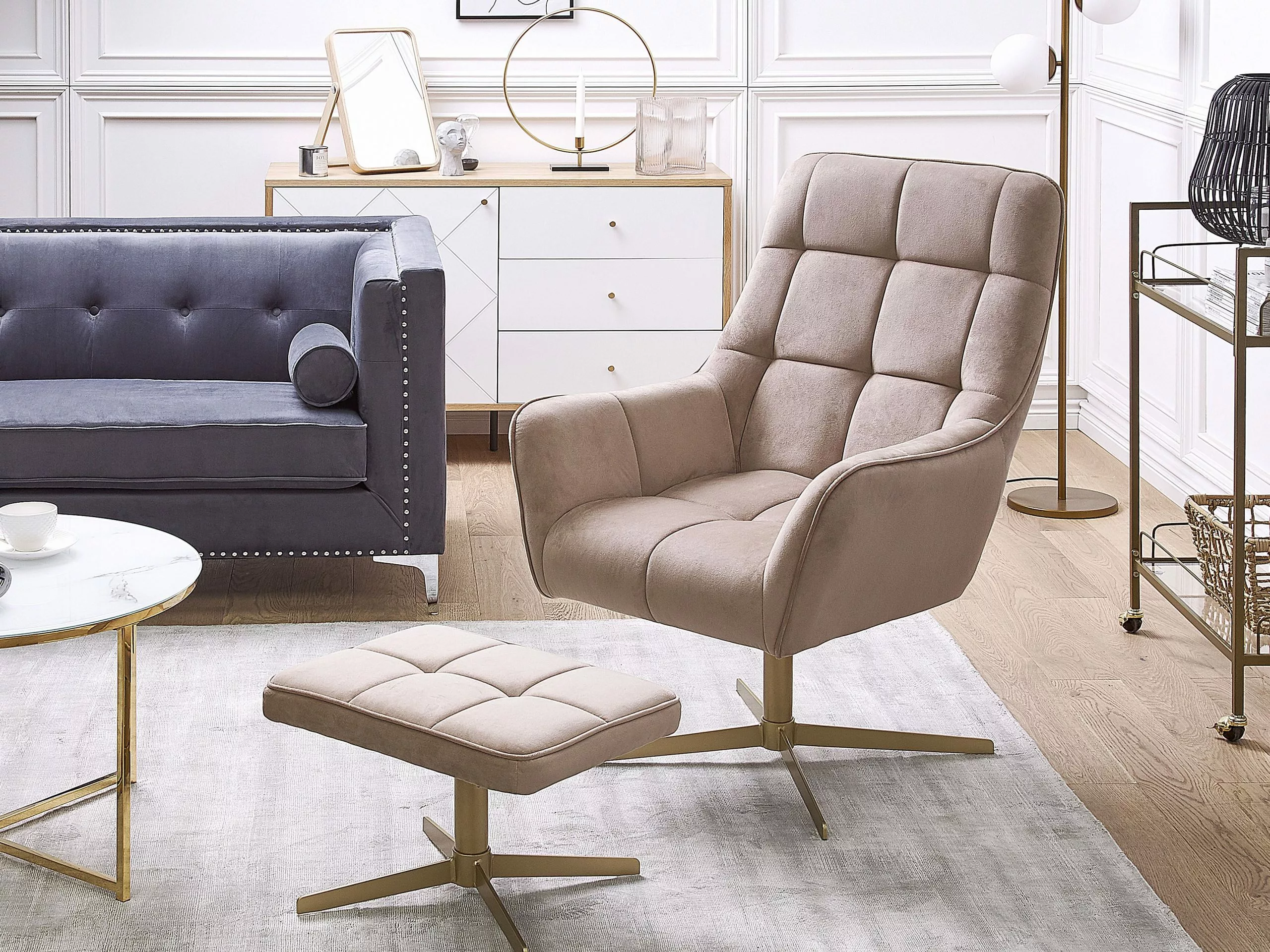 Beliani Nojatuoli Ja Rahi Samettinen Beige MOLLE - Image 2