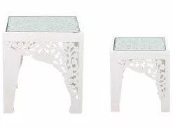 Beliani Sivupöytäsetti Lasitasolla Valkoinen 2 Kpl AMADPUR